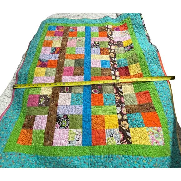 Handmade Patchwork Quilt Log Cabin Pattern Colorful Fabric Artisan Made 41 x 34 - Picture 3 of 7